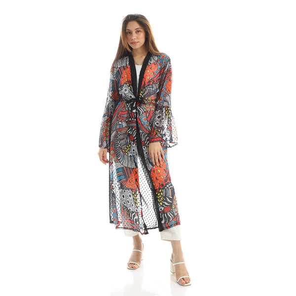 Sheer Patterned Slip On Summer Kimono - Black & Orange