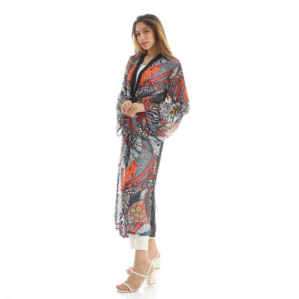 Sheer Patterned Slip On Summer Kimono - Black & Orange