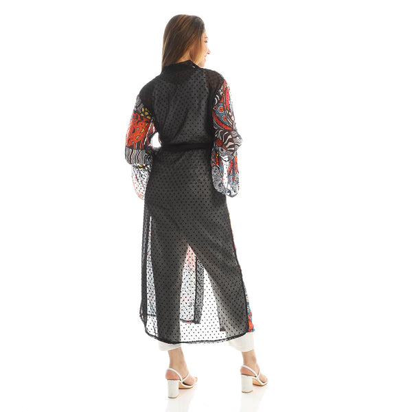 Sheer Patterned Slip On Summer Kimono - Black & Orange