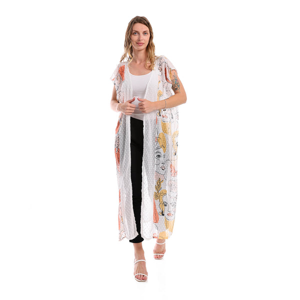 Sleeveless Chiffon Long Cardigan With Patterned Accent - Off White