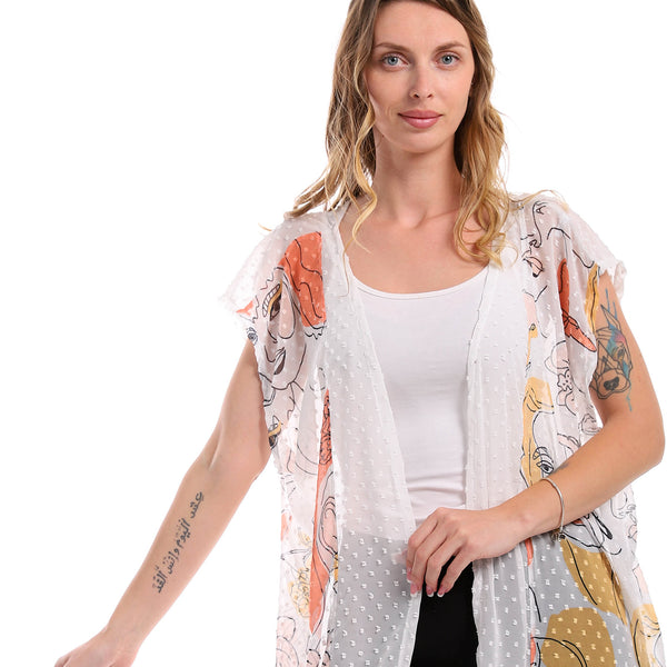 Sleeveless Chiffon Long Cardigan With Patterned Accent - Off White