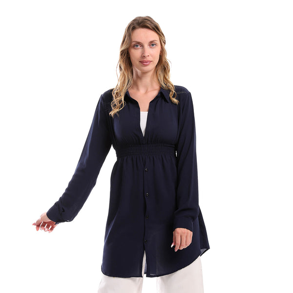 Turn Down Collar Stretchy Solid Tunic - Dark blue