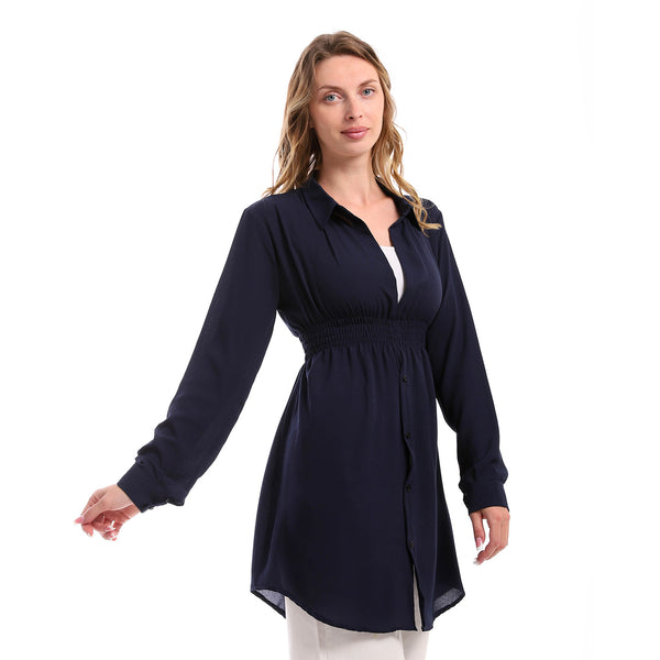 Turn Down Collar Stretchy Solid Tunic - Dark blue