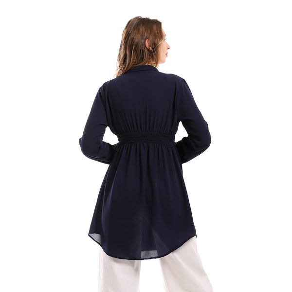 Turn Down Collar Stretchy Solid Tunic - Dark blue