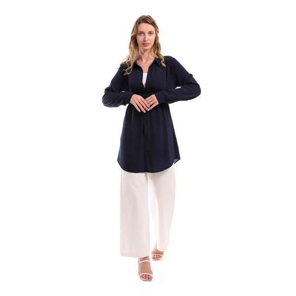 Turn Down Collar Stretchy Solid Tunic - Dark blue