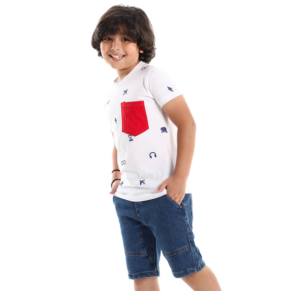 Red Pocket & Blue Drawings Allover White Tee