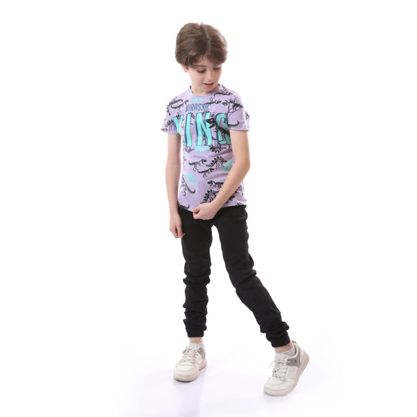 Boys Patterned Cotton Short Sleeves T-Shirt - Light Purple & Black