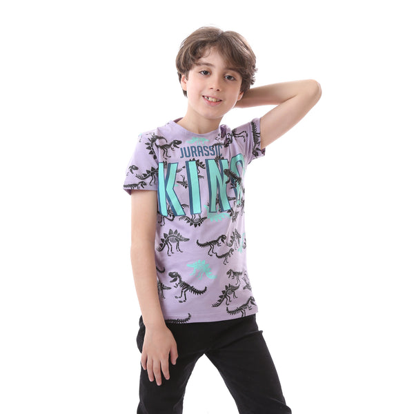 Boys Patterned Cotton Short Sleeves T-Shirt - Light Purple & Black