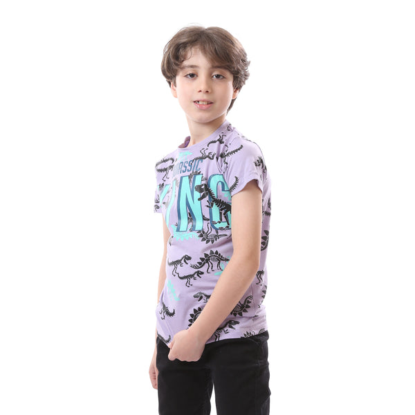 Boys Patterned Cotton Short Sleeves T-Shirt - Light Purple & Black