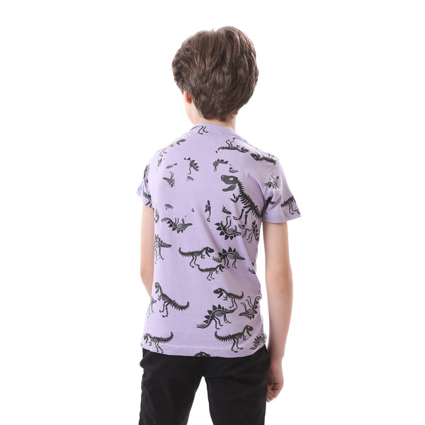 Boys Patterned Cotton Short Sleeves T-Shirt - Light Purple & Black