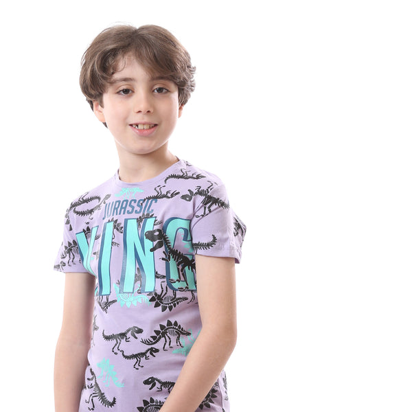 Boys Patterned Cotton Short Sleeves T-Shirt - Light Purple & Black