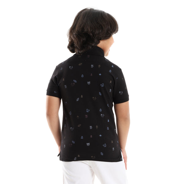 Short Sleeves tiny Prints Over Black Polo Shirt
