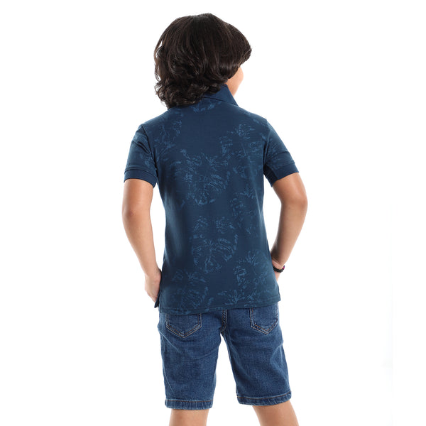 Sponge Tabbing Leaves Prints Polo Shirt - Navy Blue Shades