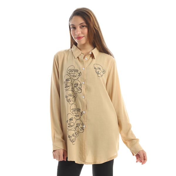 Faces Embroidered Button Down Shirt - Beige
