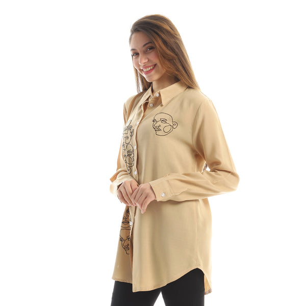 Faces Embroidered Button Down Shirt - Beige