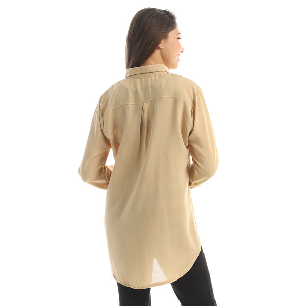 Faces Embroidered Button Down Shirt - Beige