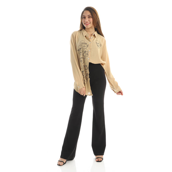 Faces Embroidered Button Down Shirt - Beige