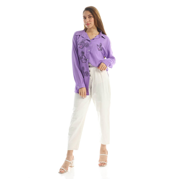 Embroidered mickey Button Down Shirt-light purple