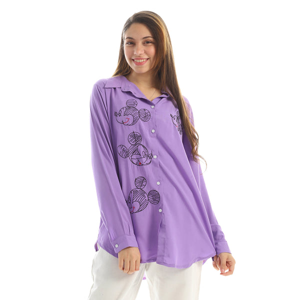 Embroidered mickey Button Down Shirt-light purple