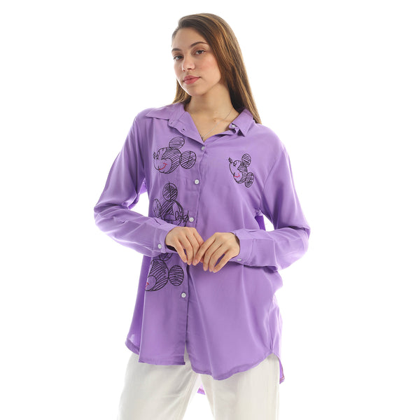 Embroidered mickey Button Down Shirt-light purple
