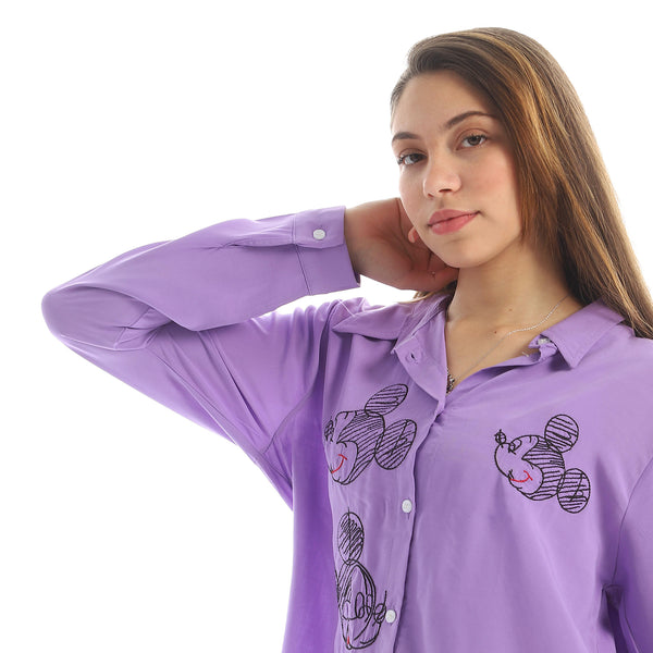 Embroidered mickey Button Down Shirt-light purple