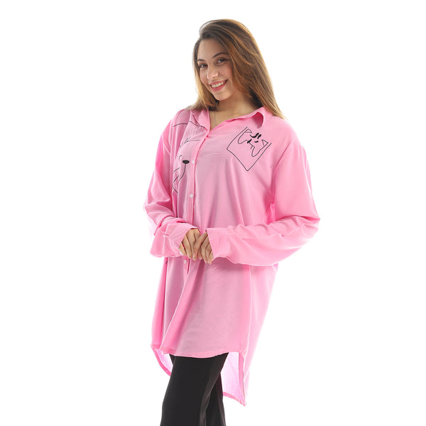 Turn Down Collar Button Down Embroidered Shirt - Pink