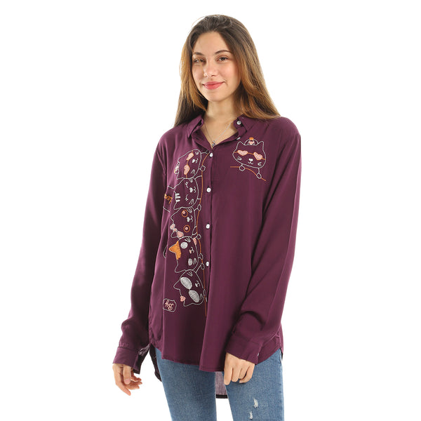 Embroidered Button Down Shirt - Dark Purple