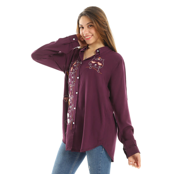 Embroidered Button Down Shirt - Dark Purple