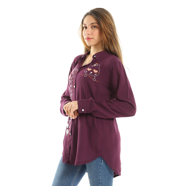 Embroidered Button Down Shirt - Dark Purple
