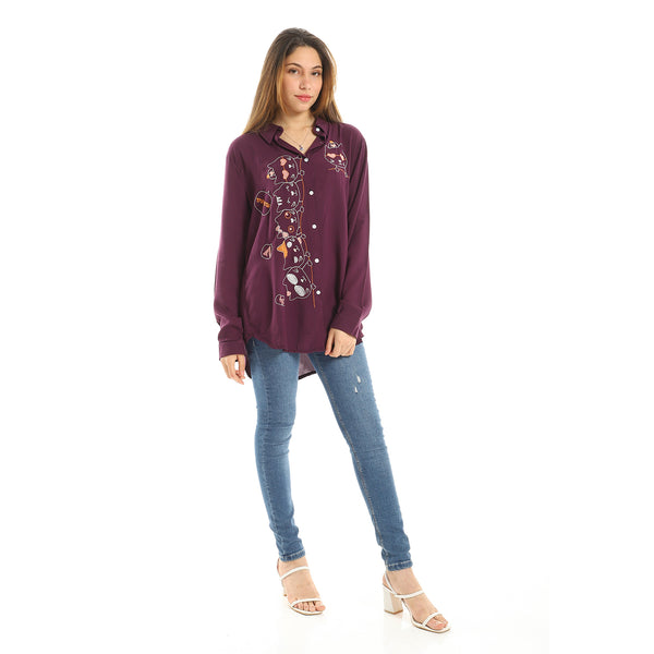 Embroidered Button Down Shirt - Dark Purple