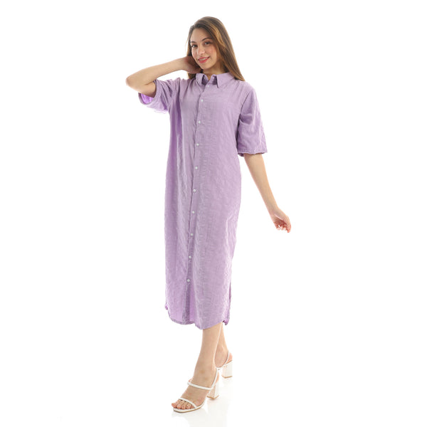 Solid Long Shirt with Turn Down Collar - Dark Lilac
