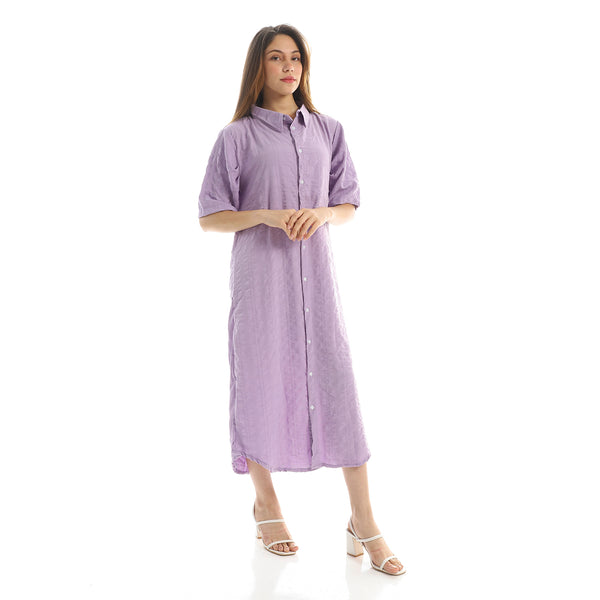 Solid Long Shirt with Turn Down Collar - Dark Lilac