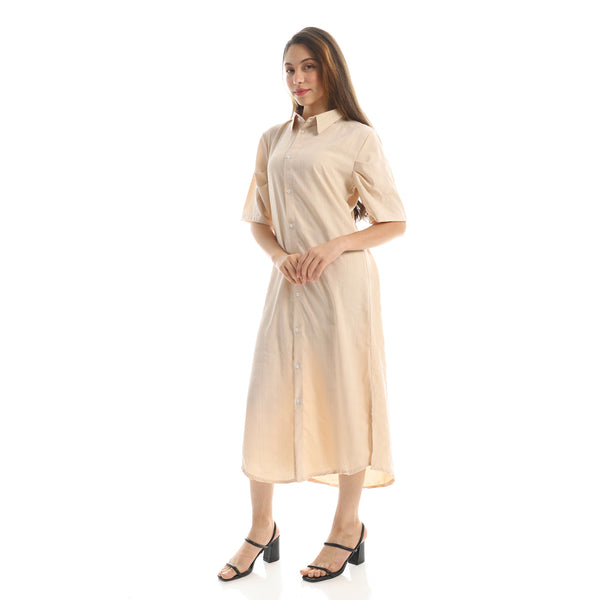 Short Sleeves Long Shirt with Front Buttons - Beige