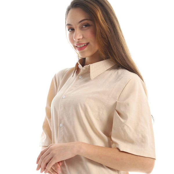 Short Sleeves Long Shirt with Front Buttons - Beige