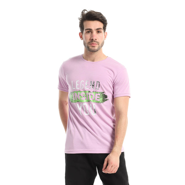 Printed Round Neck Cotton T-Shirt - Lavender
