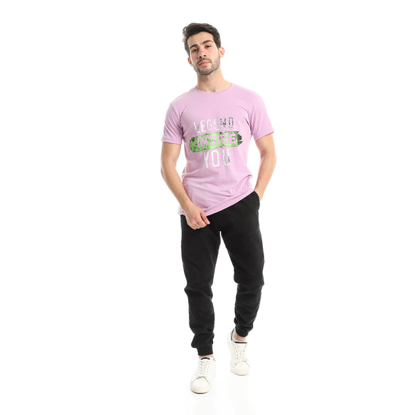 Printed Round Neck Cotton T-Shirt - Lavender