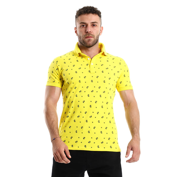 Printed Turn Dow Collar Yellow Polo Shirt