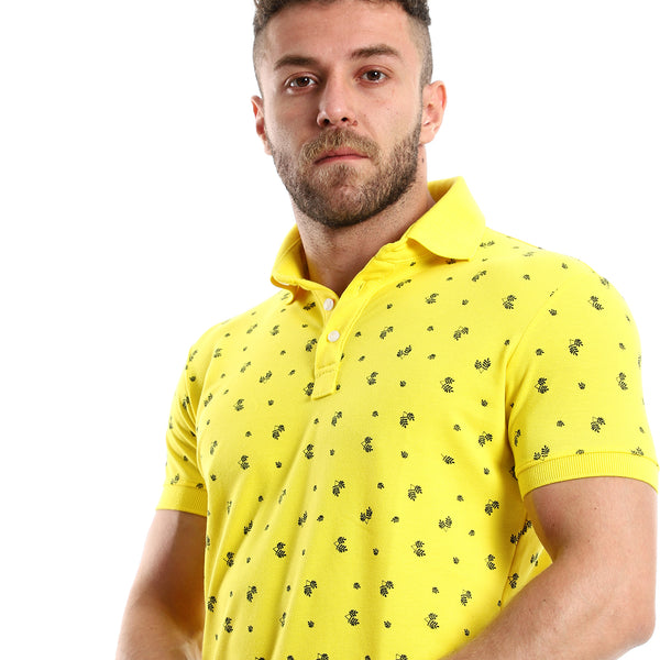 Printed Turn Dow Collar Yellow Polo Shirt