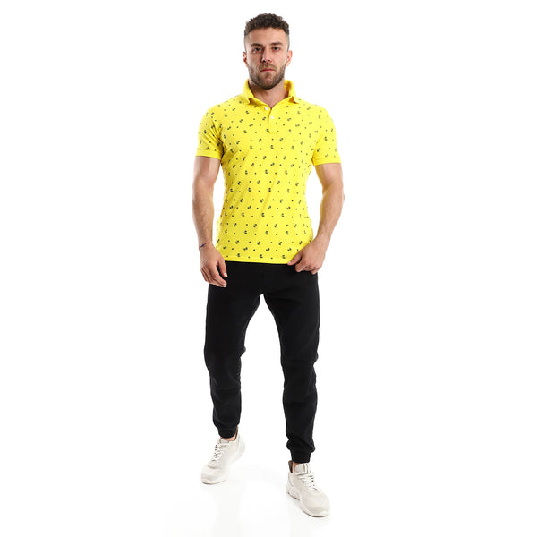 Printed Turn Dow Collar Yellow Polo Shirt