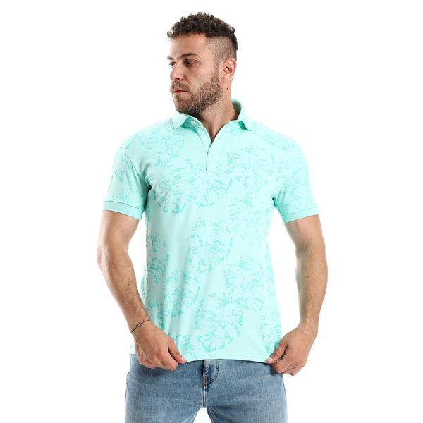 Printed Leaves Casual Aquamarine Polo Shirt