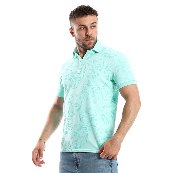 Printed Leaves Casual Aquamarine Polo Shirt