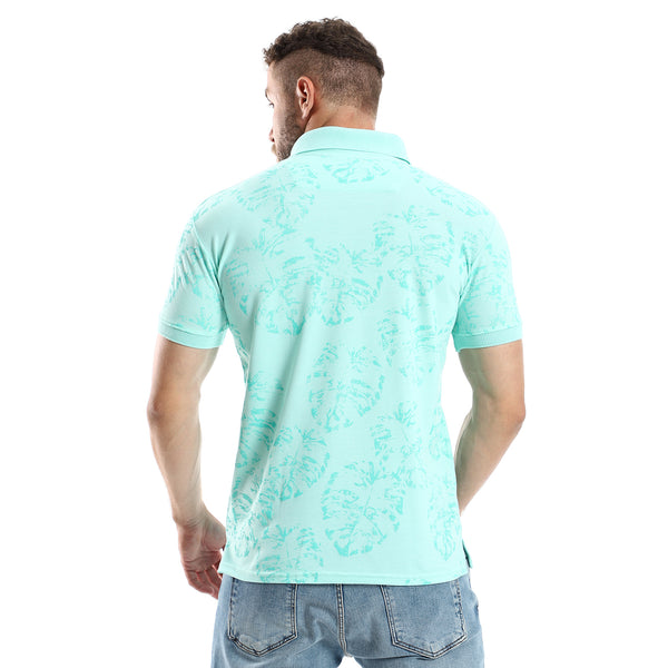 Printed Leaves Casual Aquamarine Polo Shirt