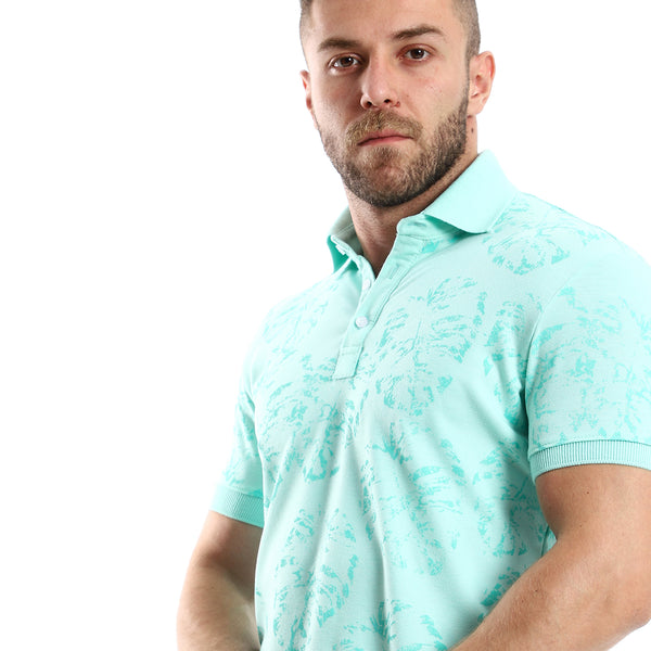 Printed Leaves Casual Aquamarine Polo Shirt