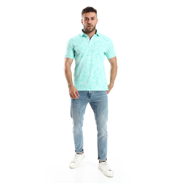 Printed Leaves Casual Aquamarine Polo Shirt