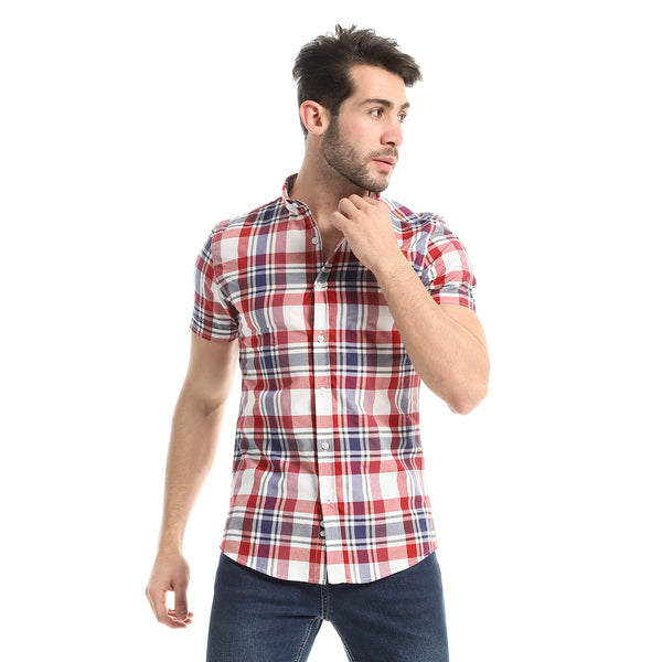 Plaids Short Sleeves Buttoned Cotton Shirt - Red & Navy Blue