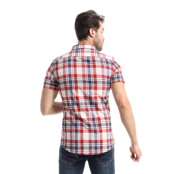 Plaids Short Sleeves Buttoned Cotton Shirt - Red & Navy Blue