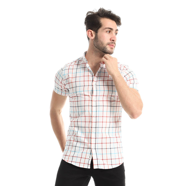 Colorful Plaids Classic Neck Button Shirt - White, Turquoise & Red