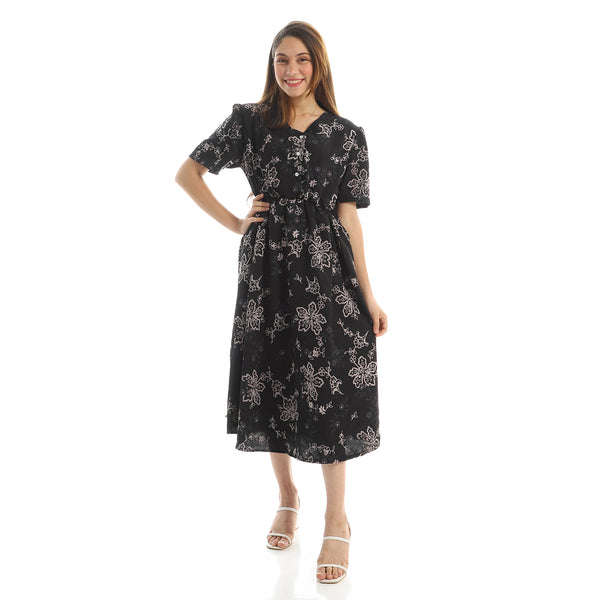 Short Sleeves Midi Dress with Floral Pattern - Black