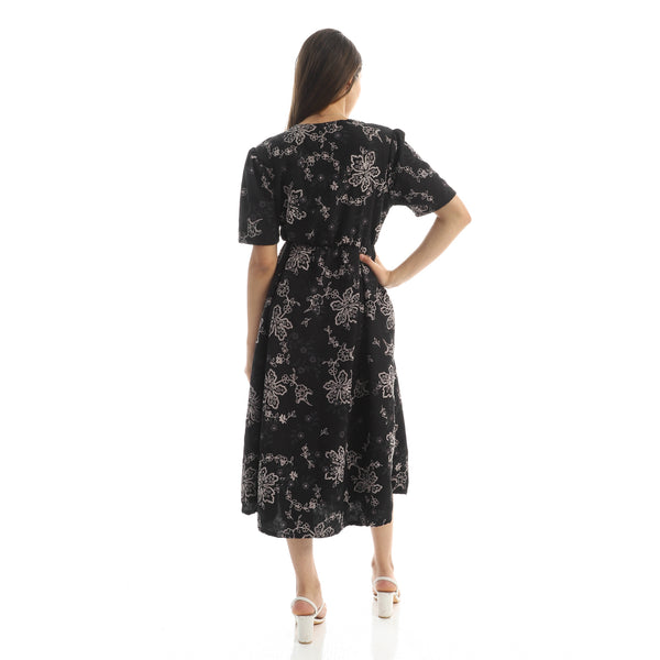 Short Sleeves Midi Dress with Floral Pattern - Black