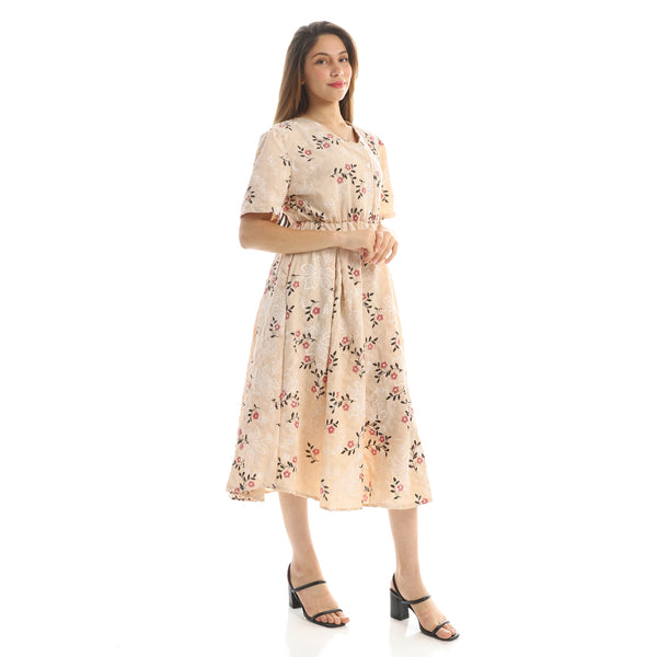 Floral Buttoned Beige Dress with Deep Round Neck